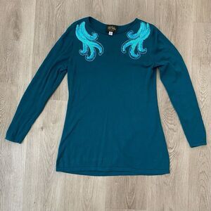 Bob Mackie Wearable Art Green Long Sleeve Sweater XS Sequin Glam‎ Artistic